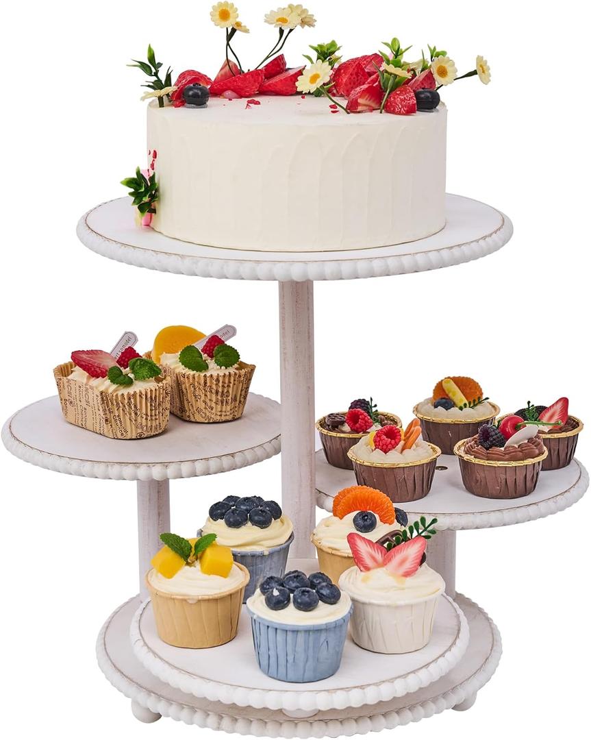 GENMOUS 4 Tiered Beaded Cake and Cupcake Stand Combo for Birthday Party Decor, Rustic Wooden Cupcake Tower Stands for 50 Cupcakes, White Cupcake Tier Stand Display for Wedding Baby Shower Tea Party