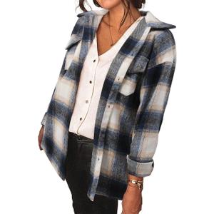 Women's Brushed Plaid Shirts Long Sleeve Flannel Lapel Button Down Cardigan Boyfriend Shacket Jacket Coats (Medium)