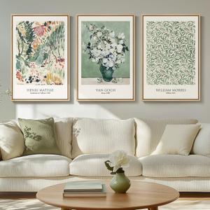 Framed Large Matisse Wall Art for Living Room, 3 Piece Vintage Sage Green Canvas Artwork for Walls, Botanical Floral Prints for Bedroom, Hallway, Home Office Decor, Total Size 30x60 Inches