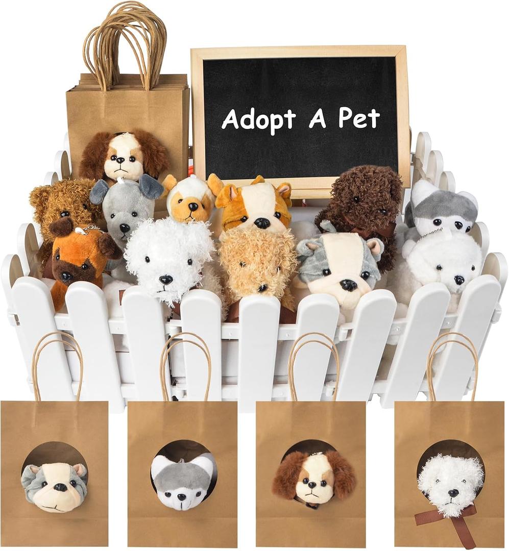 36Pcs Adopt A Puppy Party Favors, Mini Stuffed Animals Adopt A Dog Set Includes 12 Stuffed Dogs 12 Kraft Paper Bags 10 White Plastic Fence Mini Chalkboard & Chalk Marker for Adopt A Pet Party