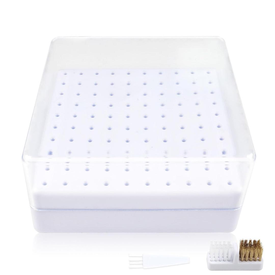 Nail Drill Bits Holder & Nail Drill Bits Cleaning Brush, 100 Holes Nail Bit Holder, Dustproof Nail Art Drill Bits Display Storage Box, Nail Drill Bit Holder for Nail Tech (White)