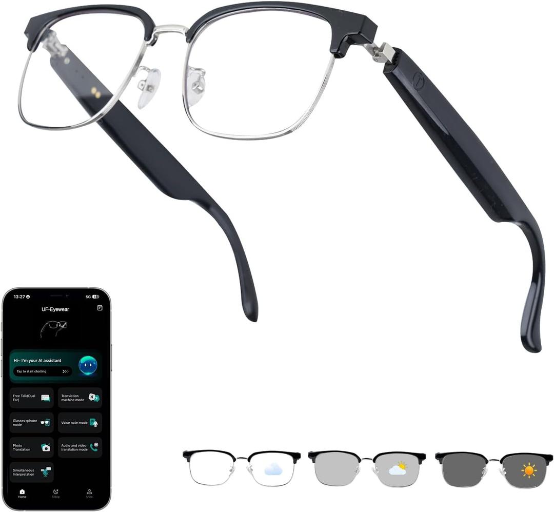 AI Smart Glasses for Men Women with Translation and Bluetooth 6.0, Support 160+ Languages Photochromic Lenses, Open Ear Bluetooth Glasses with Speakers, Hands-Free for Travel Meetings - Silver