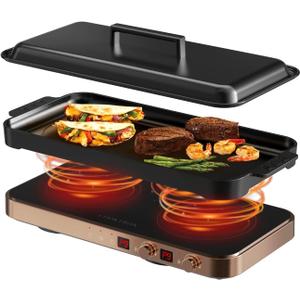 Portable Compact 2 Burner Induction Cooktop Electric Stove w/Smokeless Cast Iron Griddle Grill & Temperature Control & Child Lock, Rose Gold