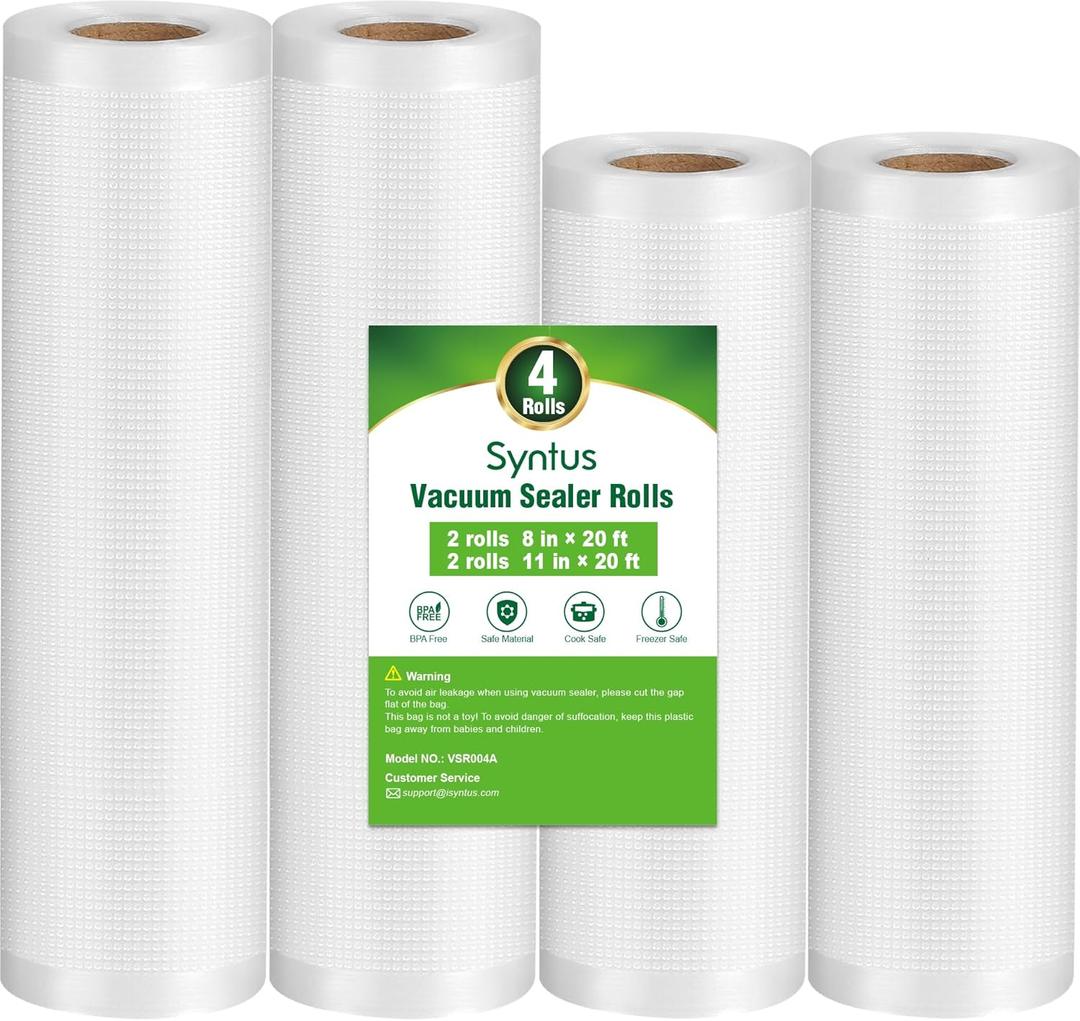 Syntus Vacuum Sealer Bags, 4 Pack 2 Roll 11" x 20' and 2 Roll 8" x 20' Commercial Grade BPA Free Bag Rolls, Food Vac Bags for Storage, Meal Prep or Sous Vide