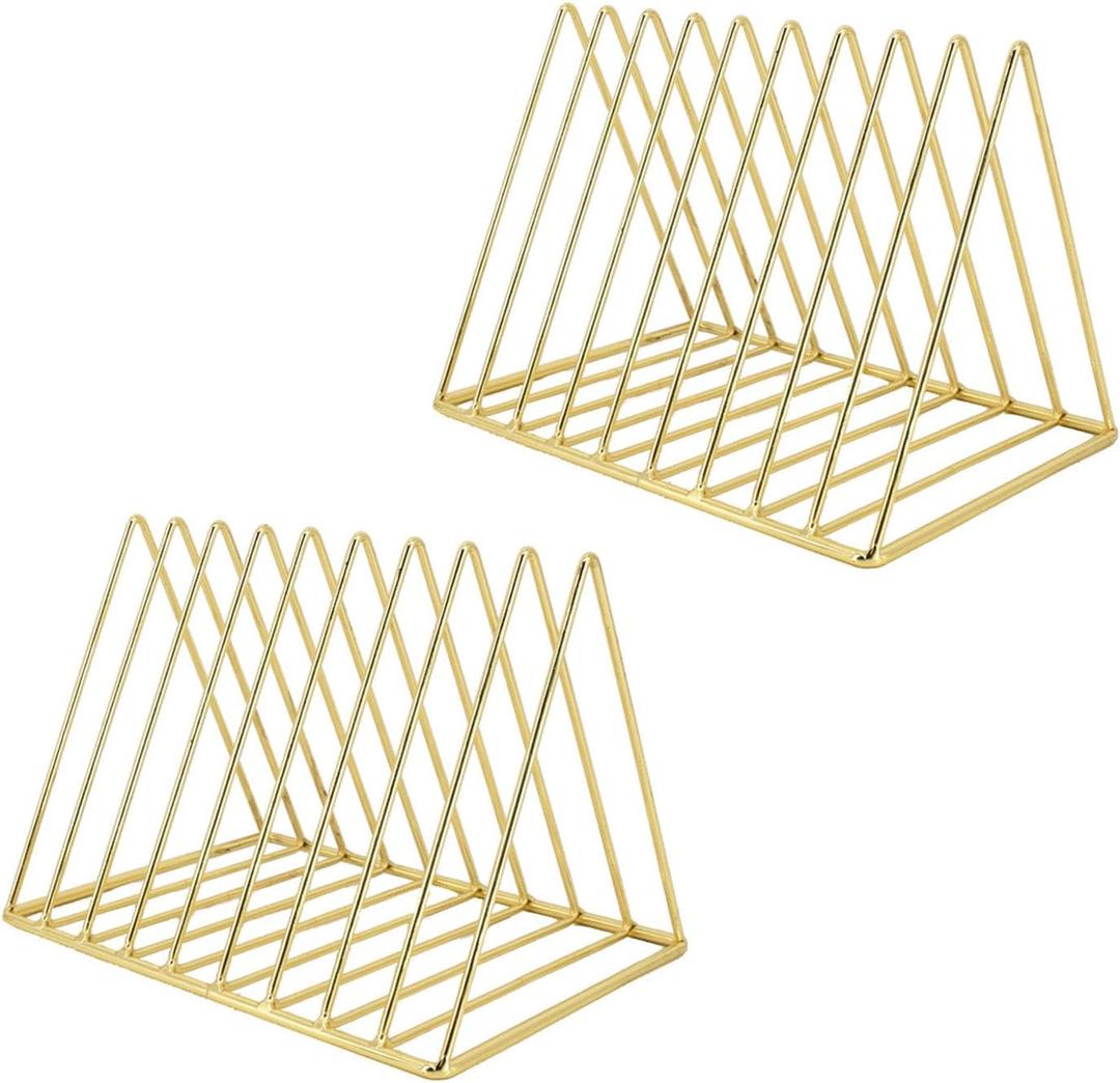 2 PCS Desktop Triangle Book Magazine Holder, Iron Metal Book Stand File Organizer Folder Holder for Office, 9 Slots Gold Classified Storage Rack, Record Display Rack for Home Decoration