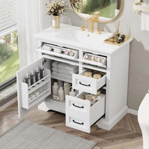 36" Bathroom Vanities Cabinet with Ceramic Sink Set Combo, Tip-Out Drawers, Storage Organizer Door Shelf, Soft-Closing Door, White