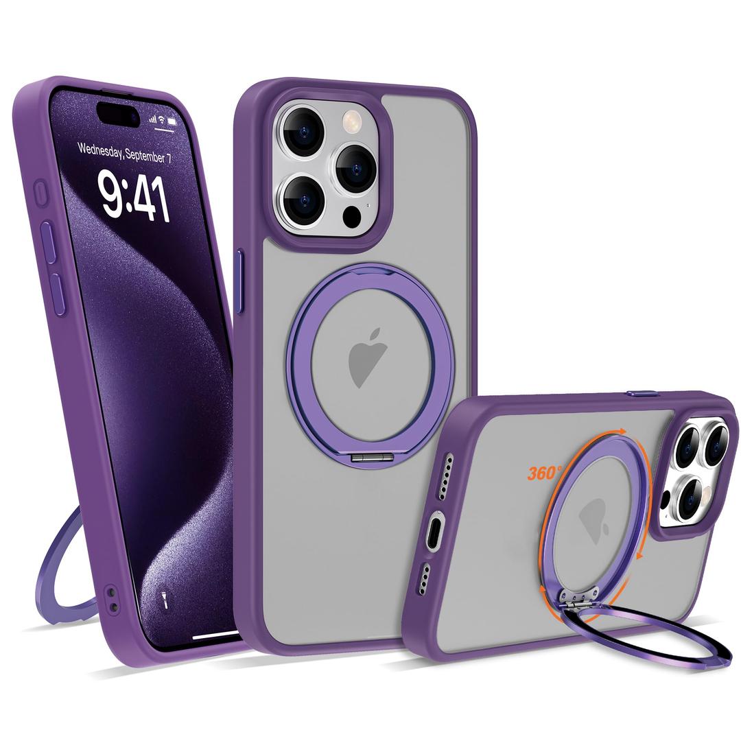 UGENINO Compatible with iPhone 15 Pro Case with 360° Rotatable Magnetic Ring Stand [Compatible with Mag-Safe] Translucent Shockproof Protective Phone Case for Women Men, Dark Purple