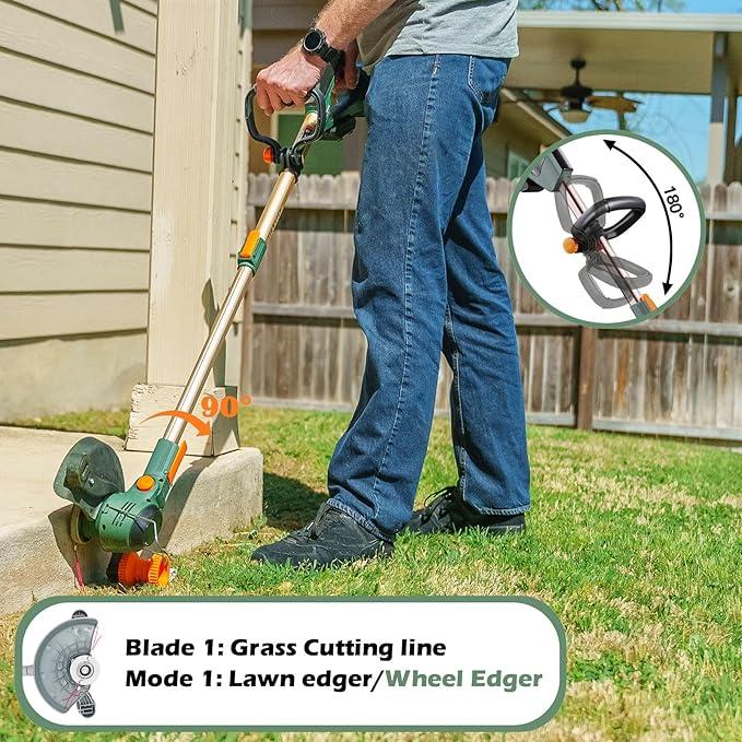 String Trimmer Cordless,(21V 2 x 6.0ABattery & Charger), 4-in-1 Grass Trimmer/Wheel Edger/Mini-Mower/Brush Cutter, with 90° Adjustable Head