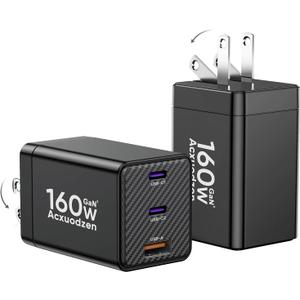 [2 Pack] USB C Charger Block 160W, 3-Port GaN Super Fast Charger, Dual 65W Type C Charging Block, Foldable QC3.0 Laptop Fast Charging Adapter for MacBook, iPhone, Samsung, Galaxy, iPad, Android, Black (2 Pack, Black)