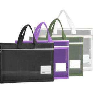 4 Pack Two Layers Mesh Zipper Bags Large, A3 Art Project Bag Student Subject Bags with Handle, Toy Storage Bag with Breathable Nylon Mesh for Playroom Board Games School Office Organization