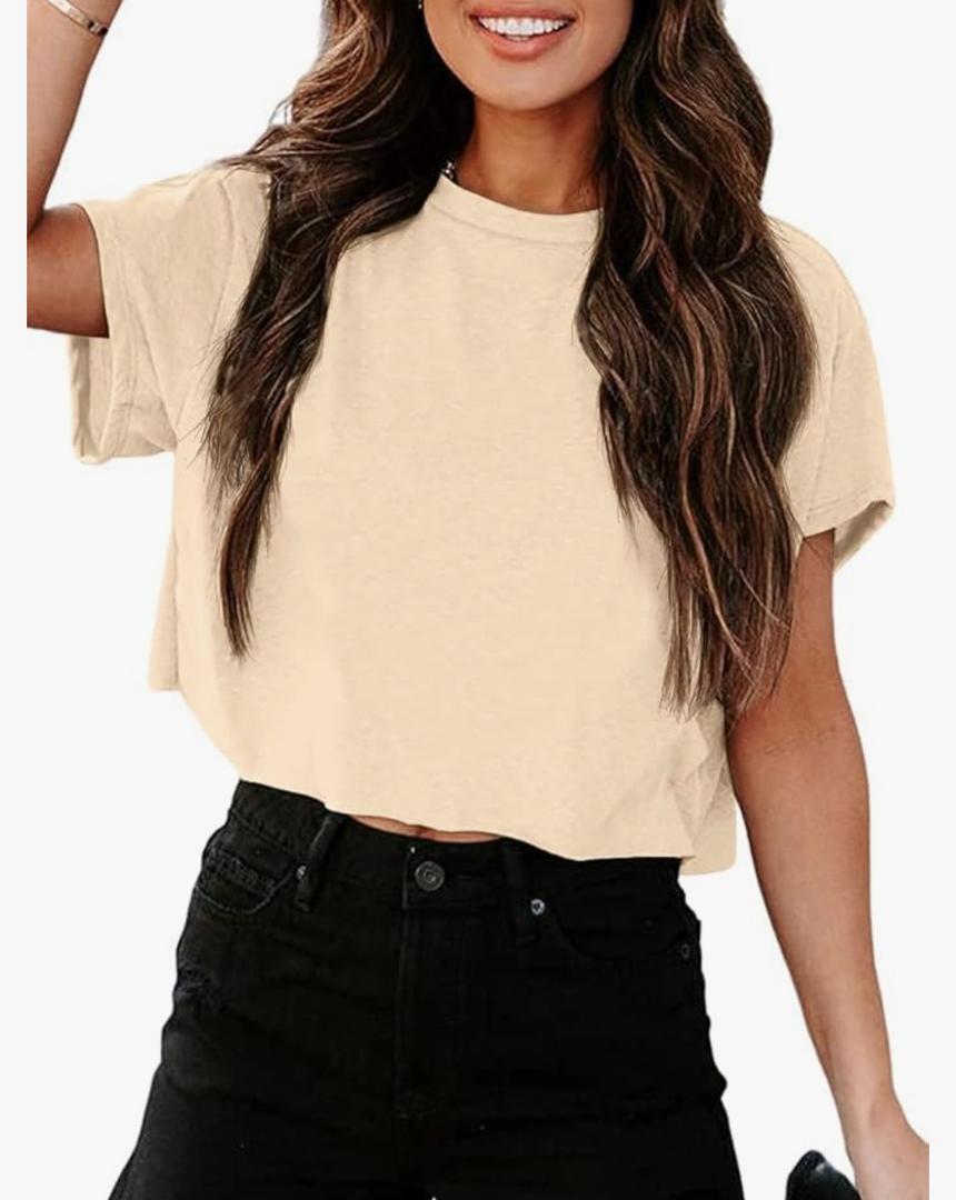 Tankaneo Women Short Sleeve Cropped T-Shirts Crew Neck Loose Crop Tops Summer Casual Drop Shoulder Basic Tees (Medium)