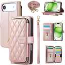 Wallet Case for iPhone 17 Air 6.5 inch with Zipper Card Holder & Shoulder Strap & Wrist Strap, Crossbody Purse Handbag Stylish Protective Cover for iPhone 17 Air -Rose Gold