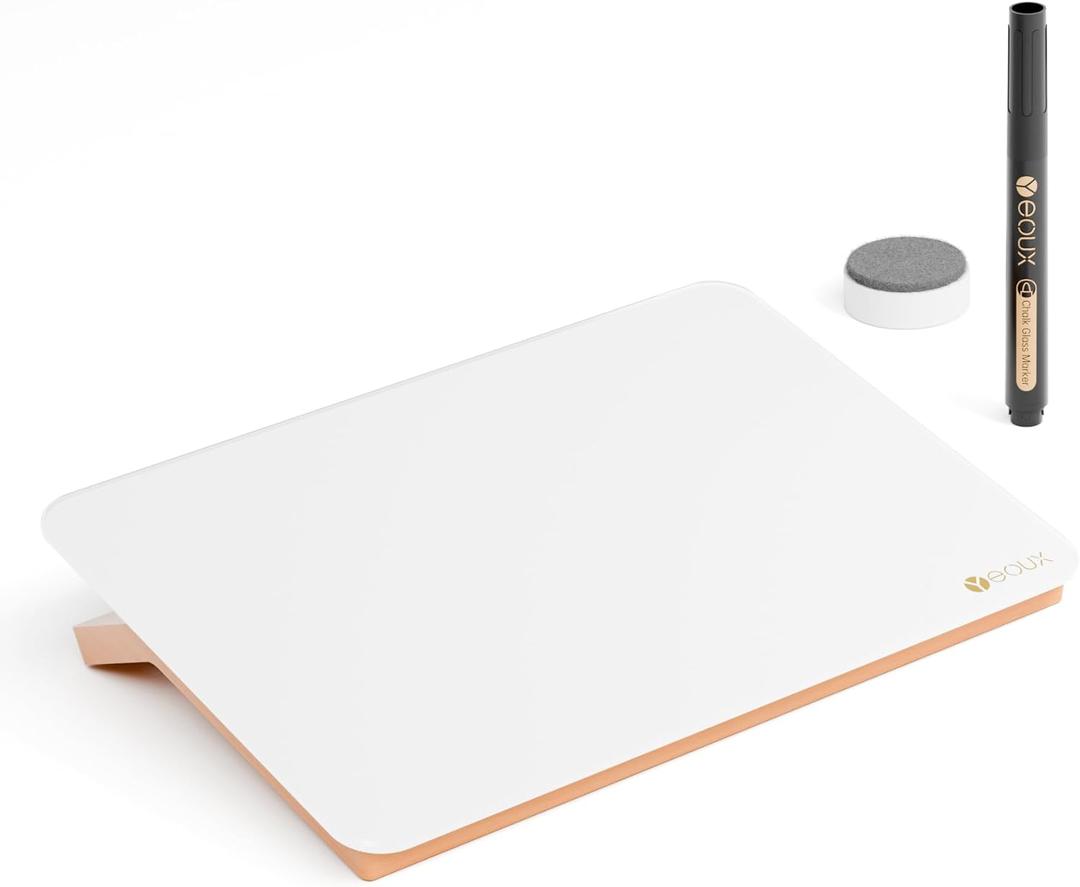 YEOUX Glass Desk Whiteboard with Reversible Wood Stand, Desktop Small White Board, Reusable Mini Dry Erase Board 6.7"x9.5" for Office, Home, School, Marker&Eraser Included (Beech-white Horizontal)