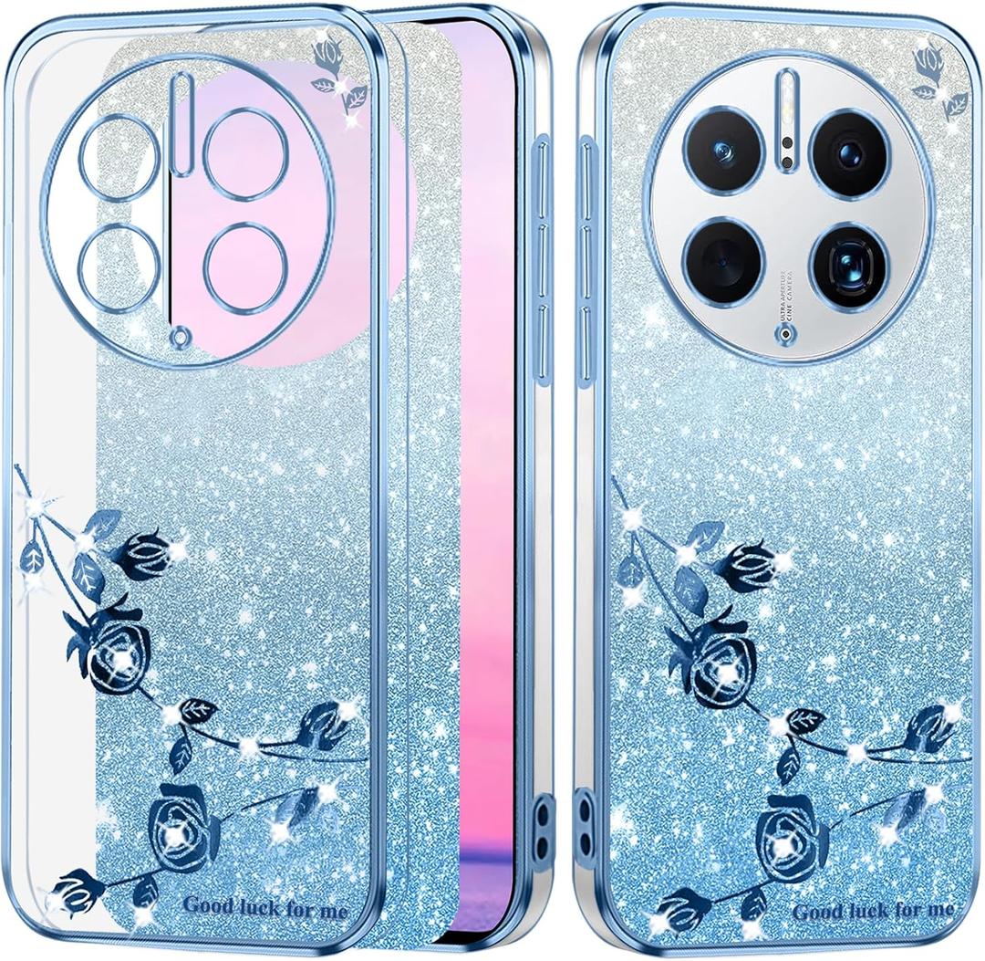 for Huawei Mate 50 Pro Case Clear Glitter Sparkle Aesthetic Huawei Mate 50 Pro Phone Case Silicone Soft Flower Transparent Shockproof Cover Purple Slim (Blue)