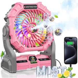 Misting Fan Portable with RGB Lantern, 30000 mAh Rechargeable Camping Mist Fan with Emergency Battery Power Bank Hurricane Supplies, Perfect Cooling Mister for Outdoor Travel (Pink)