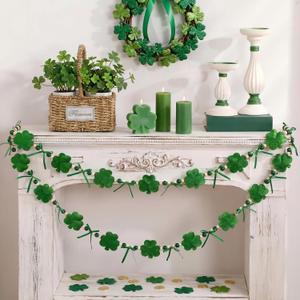 Gilprop St. Patrick's Day Garland Decorations Velvet Shamrock Hanging Banners with Wood Bead 4.92 ft Irish Clover Garland for St Patricks Day Party Holiday Fireplace Mantel Indoor Wall Home Decoration