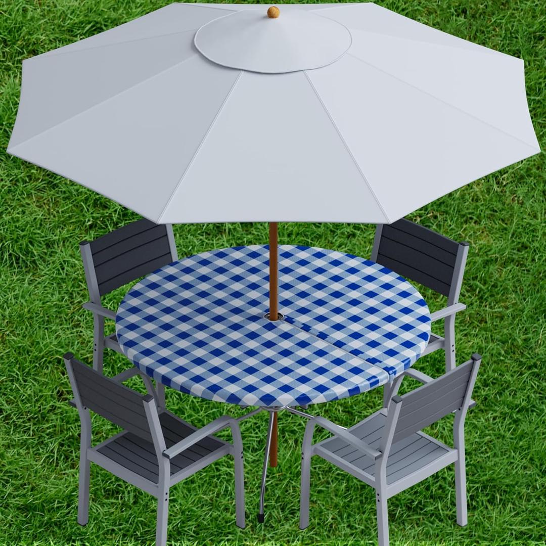 Sorfey Vinyl Umbrella Round Fitted Tablecloth Cover, Checkered Design, Flannel Backed Lining 30 Inch, Blue