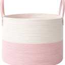 115L Extra Large Blanket Basket for Living Room - Woven Cotton Rope Laundry Hamper with Reinforced Handles - Storage Bin for Pillows, Comforters & Toys - Machine Washable,White&Pink