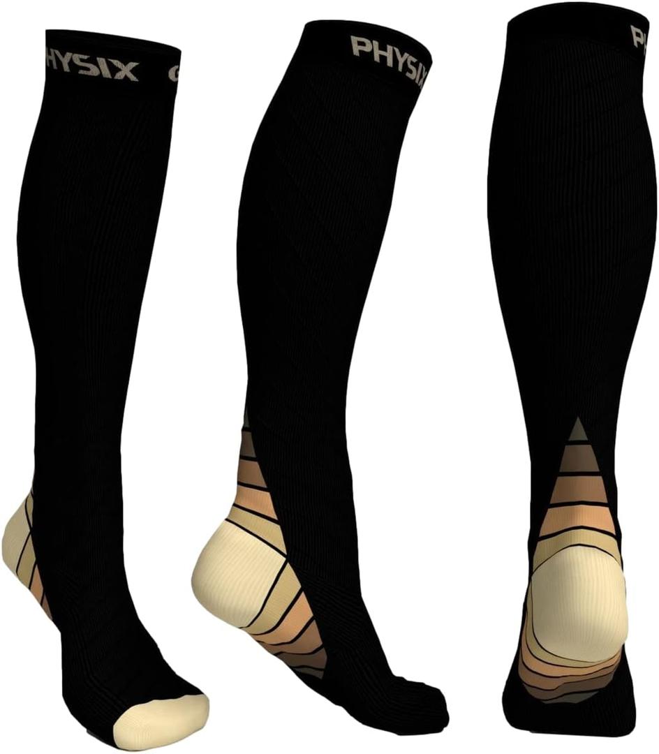 Physix Gear Compression Socks 20-30 mmHg - Men & Women - Running, Nurses, Shin Splints, Flight, Travel (Black/Beige)