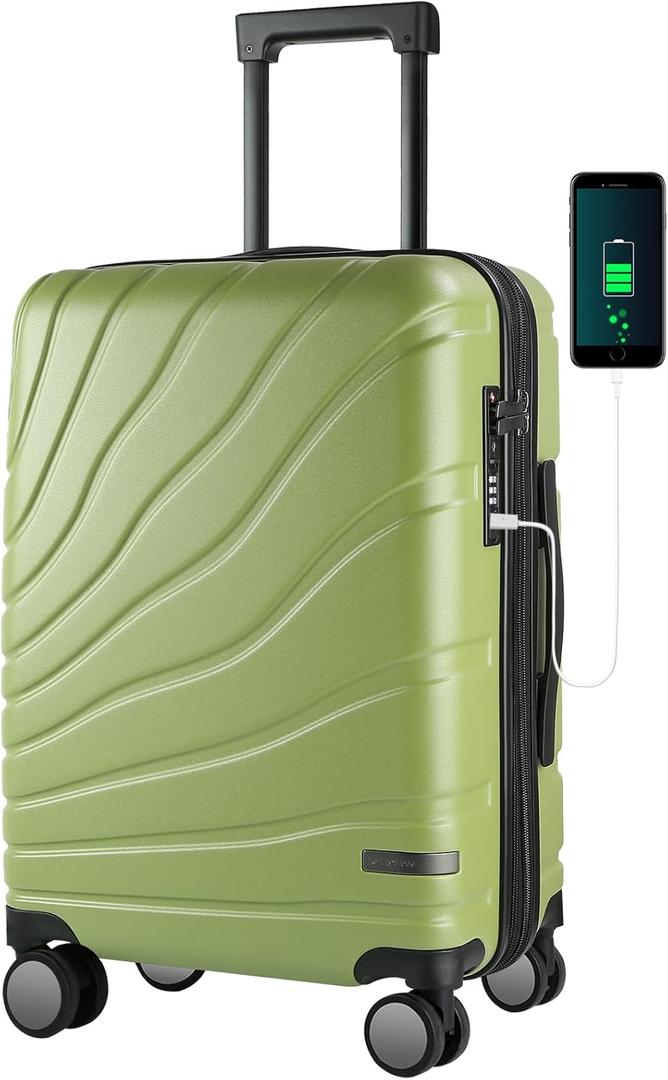 VANKEAN Carry On Luggage with Spinner Wheels & TSA Lock, Expandable Fashionable Hard Shell Suitcase airline approved20 Inch Carry-OnGreen