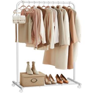 SONGMICS Clothes Rack with Wheels, Clothing Rack for Hanging Clothes, 25.4 mm Metal Garment Rack with Dense Mesh Storage Shelf, 110 lb Load Capacity, 2 Brakes, Cloud White UHSR025W01