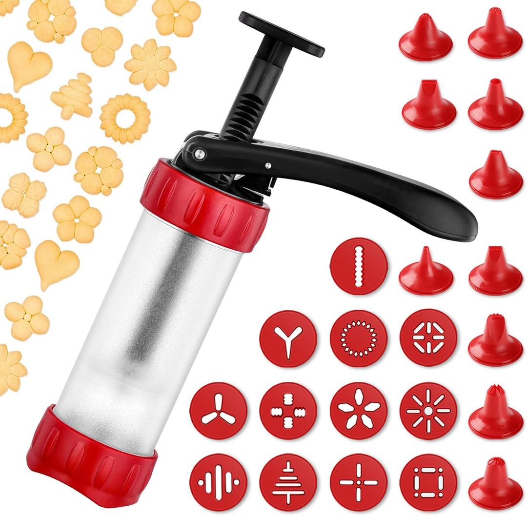 Cookie Press Set, Churro Maker with 12 Discs and 10 Cake Decorating Tips, Cookie Press for Biscuit and Churro, Red