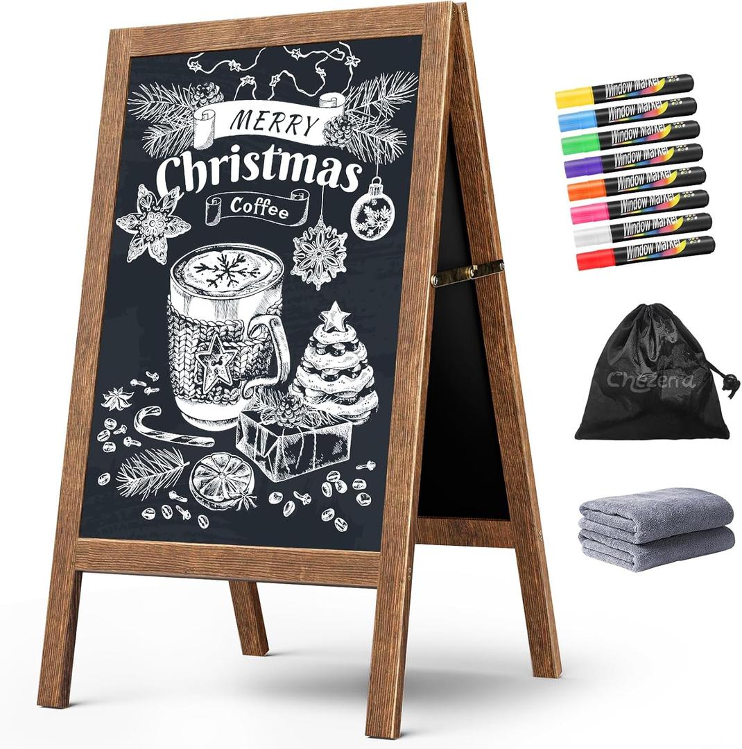 Chezerra A Frame Chalkboard Sign, 40"x20" Extra Large Sidewalk Chalk Board, Wooden Standing ChalkBoards Set with Markers, Double-Sided Magnetic Blackboard for Cafs, Weddings, Party Guide, Brown