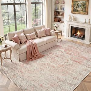 Pink Rug 8x10 for Living Room - Machine Washable Vintage Stain Resistant Large Area Rug for Girls Bedroom Dinning Room - Soft Faux Wool Non Slip Low Pile Carpet for Kids Nursery Room Home Office Décor
