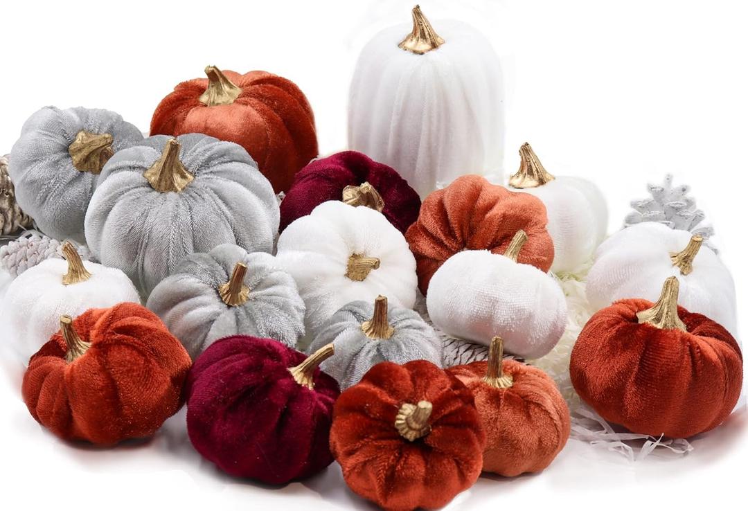 Thanksgiving Velvet Pumpkins, 18 PCS Fall Table Decorations for Home, Artificial Pumpkins Set for Fall Autumn Harvest, Thanksgiving, Wedding