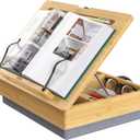 AboveTEK Book Stand for Reading with Storage, Adjustable Bamboo Book Holder with Soft Lap Cushion, Cookbook Stand, Hands-Free Book Reading Stand for Bed, Desktop & Kitchen Counter