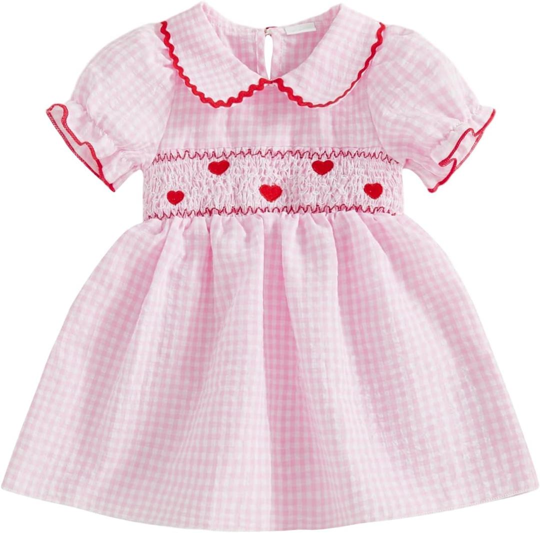 Honganda Toddler Baby Girl Valentine's Day Outfit Puff Sleeve Doll Collar Heart Smocked Dress Summer Plaid Princess Dresses (18-24 Months, Pink)