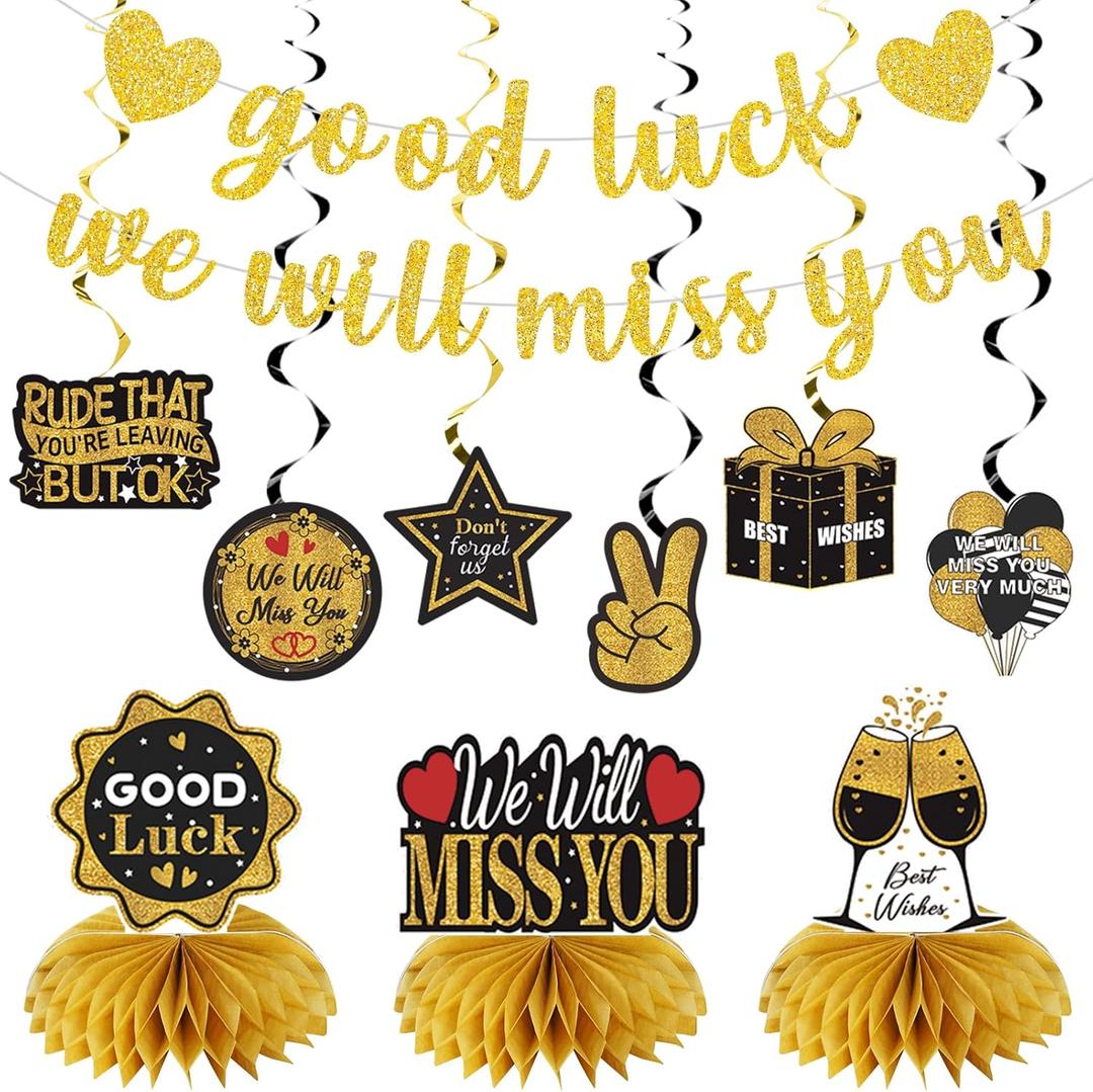 Going Away Party Decorations, Good Luck We Will Miss You Decorations Banner Farewell Decorations Party Supplies Kit Retirement Goodbye Party Decorations Table Centerpieces Hanging Swirls