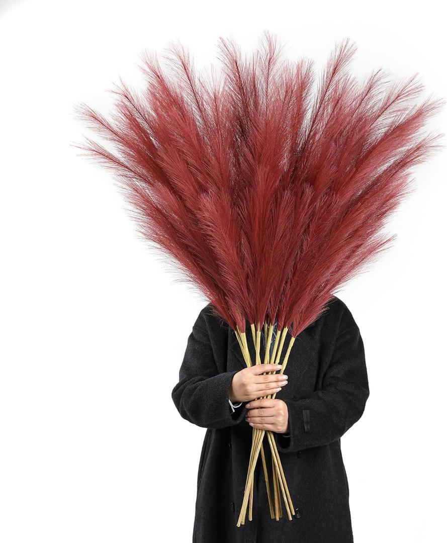 Burgundy Pampas Grass Decor, 8 Pcs 45 Inch Tall Large Faux Pompous Grass, Long Artificial Flowers for Floor Vases, Wedding Centerpieces, Baby Shower and Home Decoration (Burgundy)