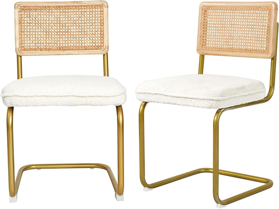 CangLong Rattan Dining Chairs Set of 2, Modern Kitchen Chairs with Natural Mesh Rattan Backrest & Solid Thick Metal Legs, Upholstered Fleece Armless Side Chairs for Living Room, Study, Cream (Set of 2, Cream Fleece/Rattan Backrest)