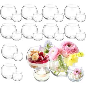24 Pack Glass Bubble Vases,Small flower bud vases bulk,4"W x3"H Set of 12 Pcs Clear Bowl Vase,2.6"W x2.2"H Set of 12 Pcs Round Candle Holders,Mini Globe Vase Centerpiece for Wedding Party,Home Decor