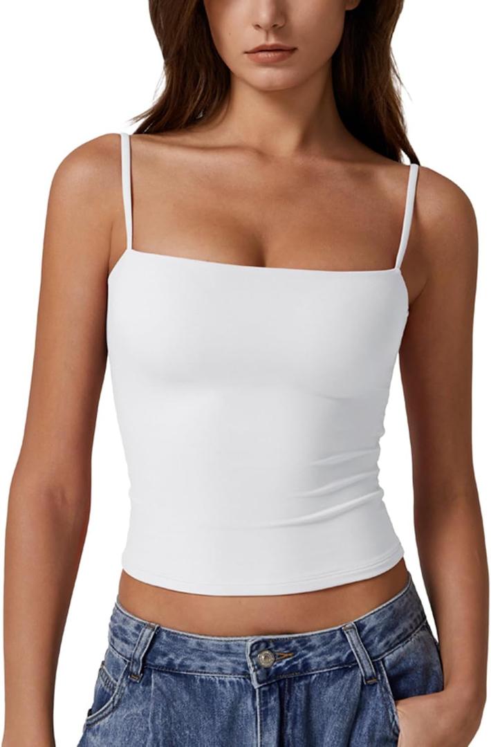 QINSEN Women's Double Lined Basic Tank Top Adjustable Spaghetti Straps Sleeveless Camisole Shirts (White, XS)