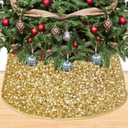 Gold Christmas Tree Collar - 23.6 Inch Sequin Skirt, Glitter Xmas Ring, Embroidered Velvet Collar for Pencil Tree, Sparkly Base Cover, Mermaid Stand Collar for Fall, Gold 