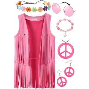 70s Outfits for Women, Disco Hippie Costume Clothes Woman Cowgirl 70s Costume Fringe Hippie Vest (Small, Pink)