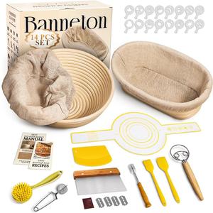 Sourdough Starter Kit, Banneton Bread Proofing Baskets Set, Sourdough Bread Baking Supplies Making Tools with Dough Scraper, Whisk, Bread Lame, Recipe