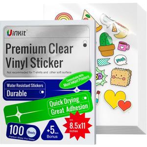 Uinkit 105Sheets Premium 90% Clear Vinyl Sticker Paper for Inkjet Printer - Include 100 Sheets Clear and 5Sheets Glossy Label Waterproof, Dries Quickly Vivid Colors, Holds Ink Well (8.5 x 11"_100 PACK 90% CLEAR & FREE 5 PACK)