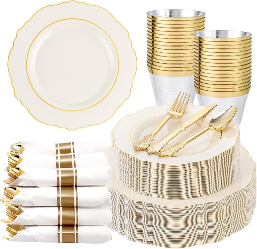 Liacere 350PCS Ivory Plastic Plates - Cream Disposable Plates With Gold Rim - 50Guest Baroque Plastic Dinnerware include 100 Plates - 50 Pack Pre Rolled Napkins Silverware 50Cups for WeddingEaster