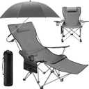 2-in-1 Reclining Camping Chair with 360° Umbrella Folding Lounge Beach Chair with Footrest and Universal Clamp UPF 50+ Adjustable Umbrella Portable Lightweight Seating for Adults Outdoor