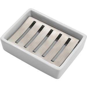 TOPSKY Ceramic Soap Dish Holder Stainless Steel for Bathroom, Double Layer, Self-draining Soap Tray, Say No to Mushy Soap, Easy Cleaning. (White)