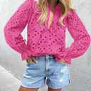 PRETTYGARDEN Women's Dressy Casual Blouse Tops Fall Spring Puff Long Sleeve Button V Neck Hollow Out Lace Embroidered Shirts (Pink)