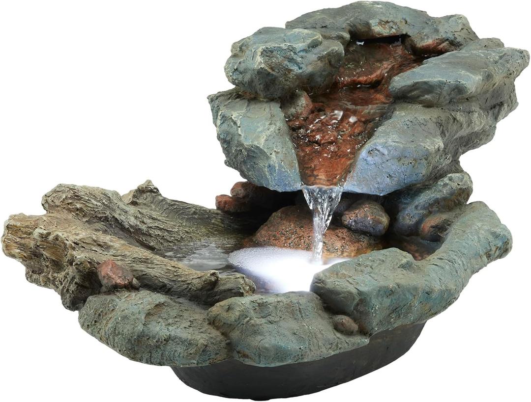 Alpine Corporation 20" Long Indoor/Outdoor River Rock Waterfall Tabletop Fountain with LED Lights