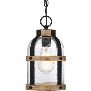Outdoor Pendant Light for Porch,Modern Exterior Hanging Lantern with Adjustable Chain, in Black and Wood Grain Finish with Seeded Glass for Front Door,Entryway,Farmhouse (Wood Grain)