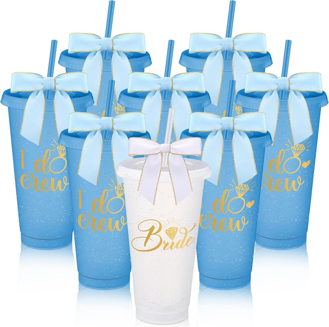 8 Pcs Bridesmaid Plastic Tumbler with Straw Lid and Twist Bow 24 oz I Do Crew and Bride Reusable Tumbler Bridal Party Proposal Gifts Bachelorette Party Gifts for Wedding Bridal Bridesmaid(Light Blue)