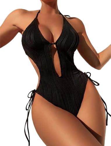 PURFUN Sexy Deep V Neck One Piece Swimsuit Women Adjustable Tie Side Bottom Backless Halter Top Swimwear Holiday Travel Beach Pool Party High Waist Bathing Swimming Suit Black Size XL
