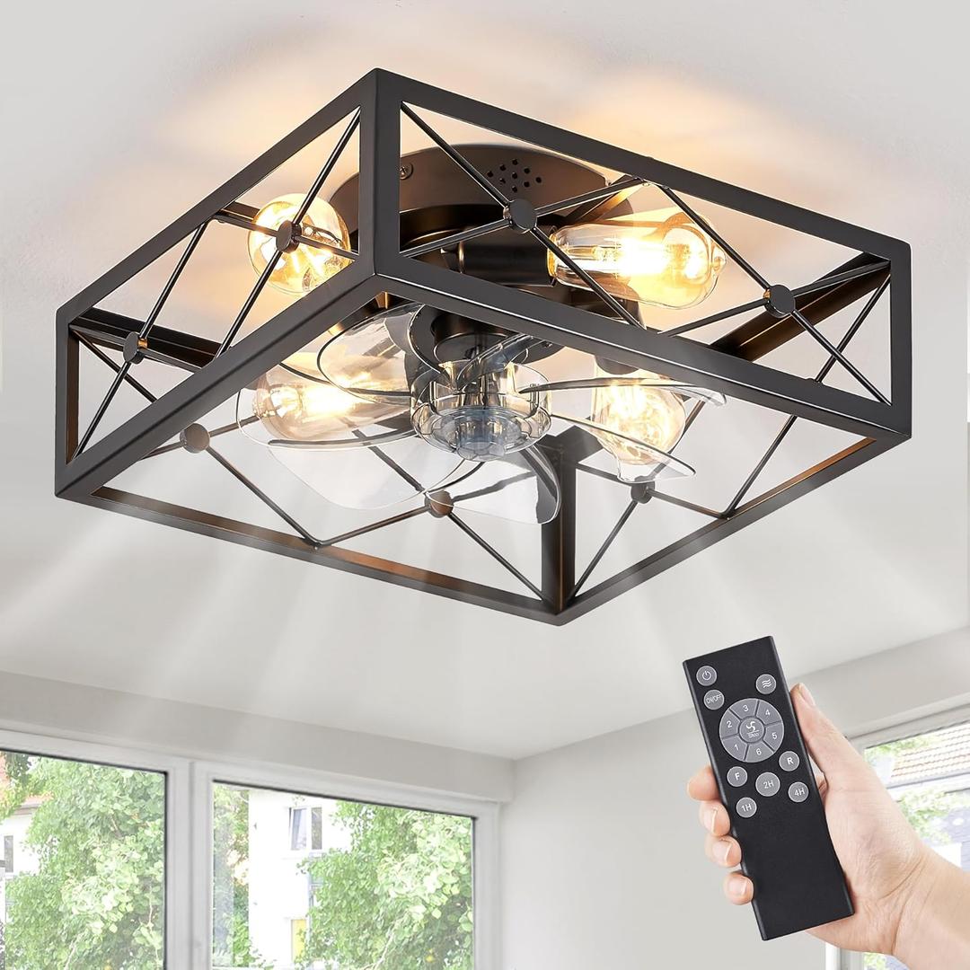 LEDIARY Caged Flush Mount Ceiling Fans with Lights and Remote, Black Square Low Profile Ceiling Fan, Small Farmhouse Bladeless Ceiling Fan for Bedroom, Kitchen, Indoor (16 Inch)
