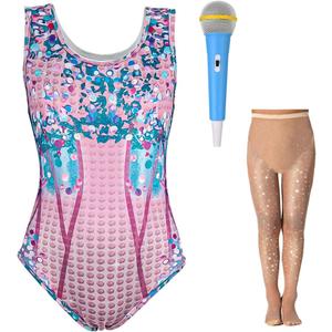 Kids Singer Star Costume for Girls Musical Dance 3D Printed Rhinestone Bodysuit Set Concert Party Cosplay 2-12 Years (Blue)